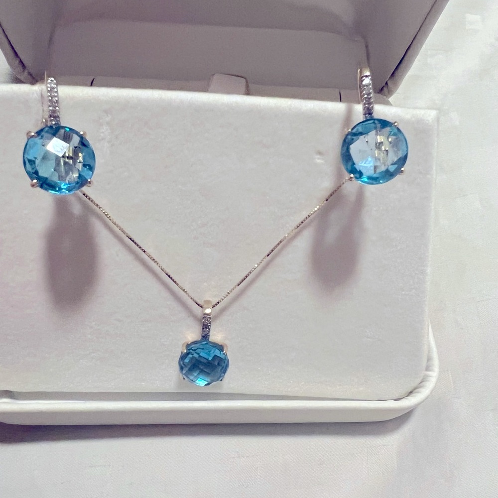 14k Blue Topaz and Diamond Necklace and Earring Set
